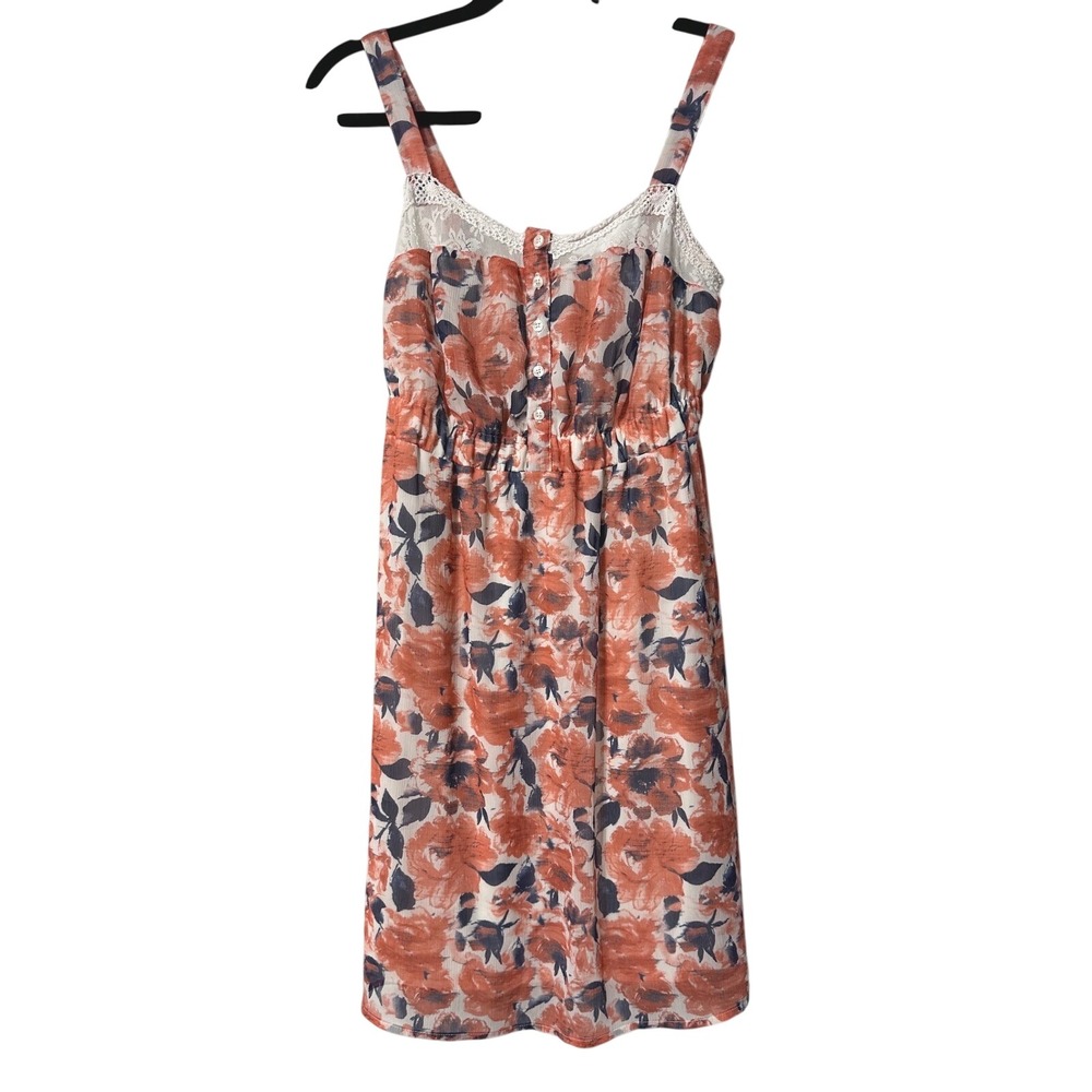 Mudd Floral Mini Dress Womens Medium Peach Blue Lace Trim Boho Summer Sleeveless